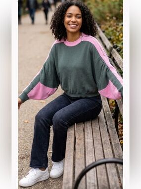 Maeve Green Sweater with Pink Contrast Trim